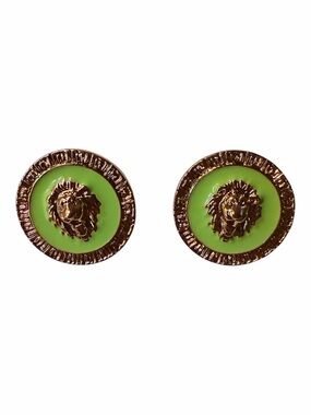 Gold Lion Medallion Earrings with Lime Green Enamel Studs